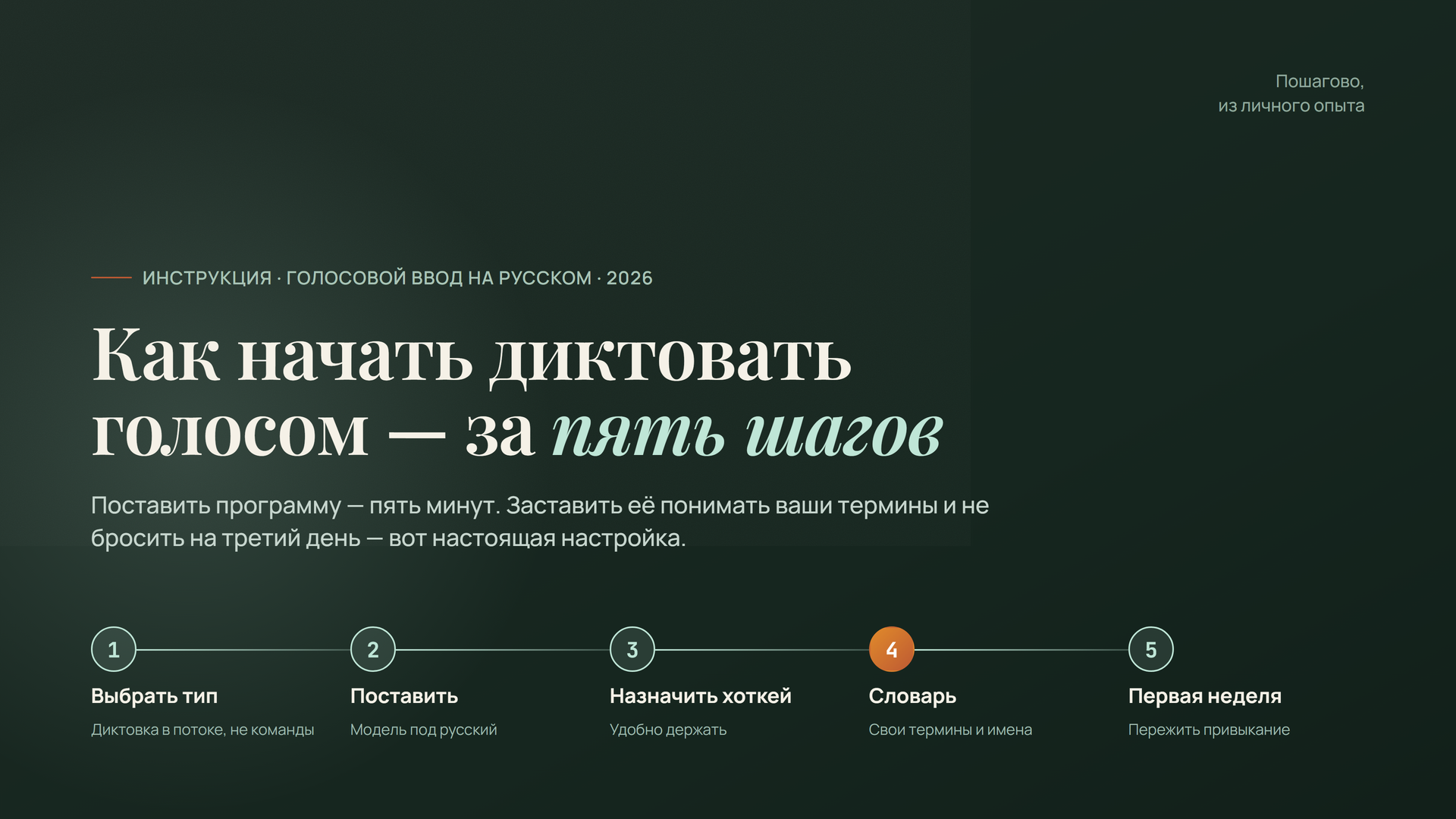 Как начать диктовать голосом за пять шагов: выбрать тип, поставить программу, назначить хоткей, личный словарь, пережить первую неделю